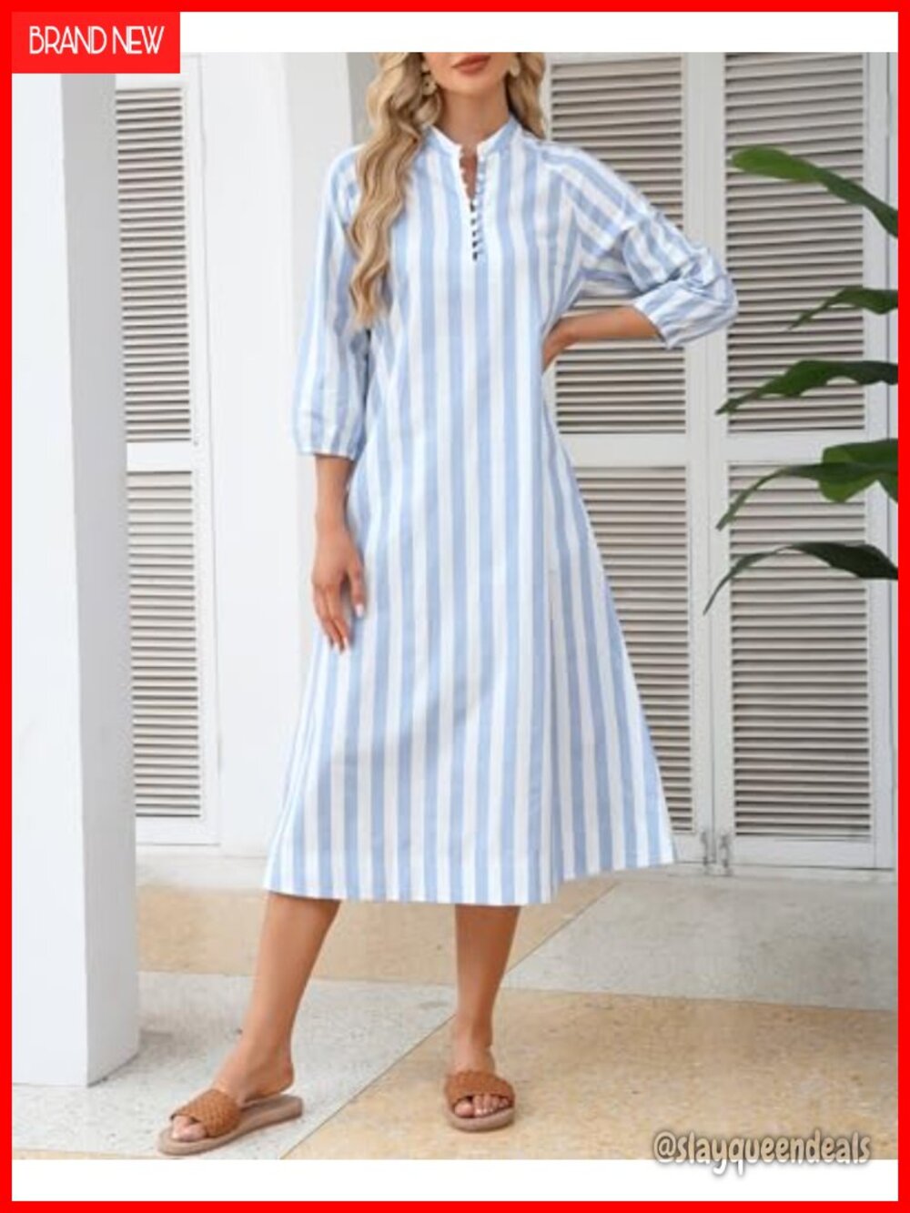 Women's 100% Cotton Striped Midi Shift Dress with Pockets - Picture 3 of 4